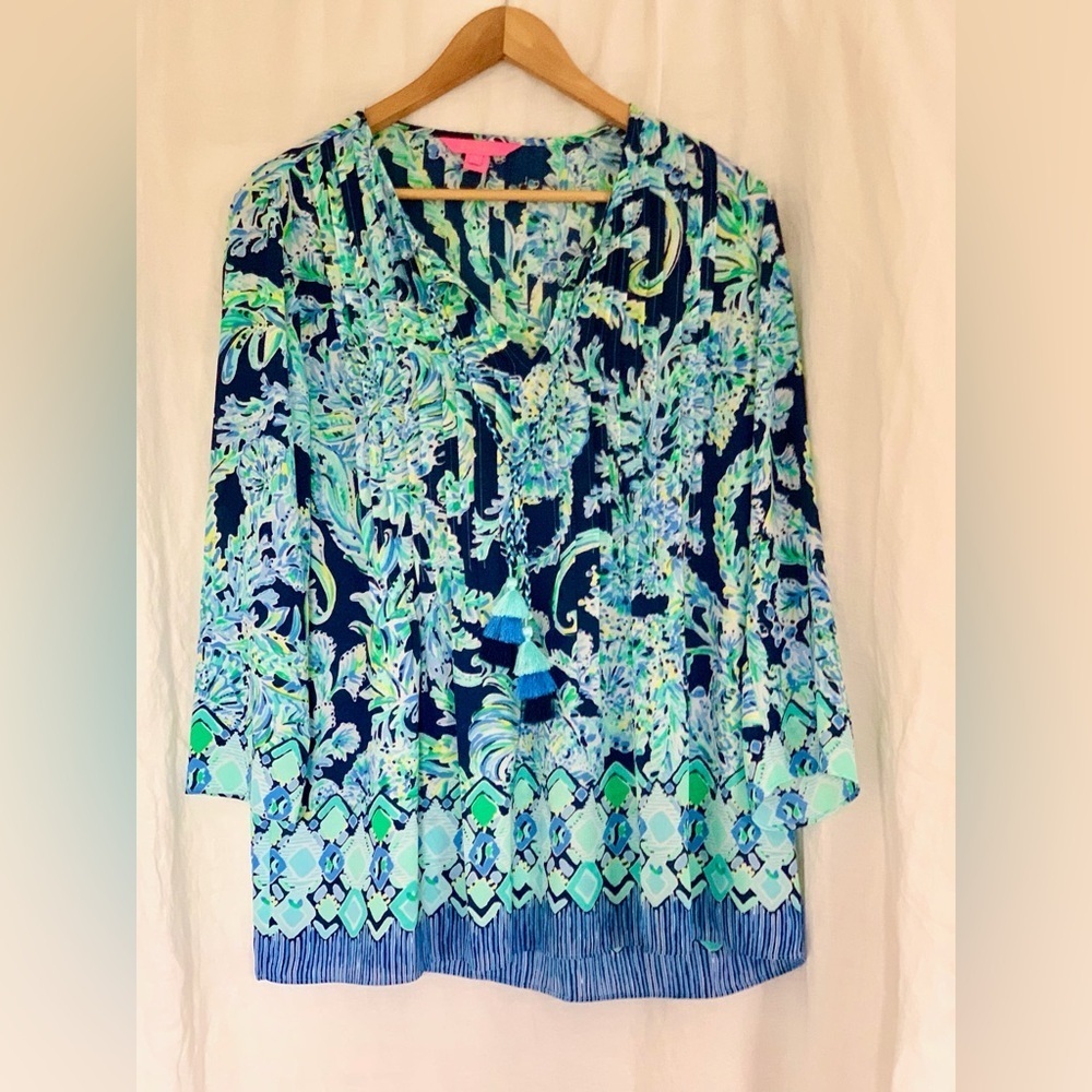 Lilly Pulitzer Marilina Tunic- Scuba Doo High Tide Navy, Size Medium